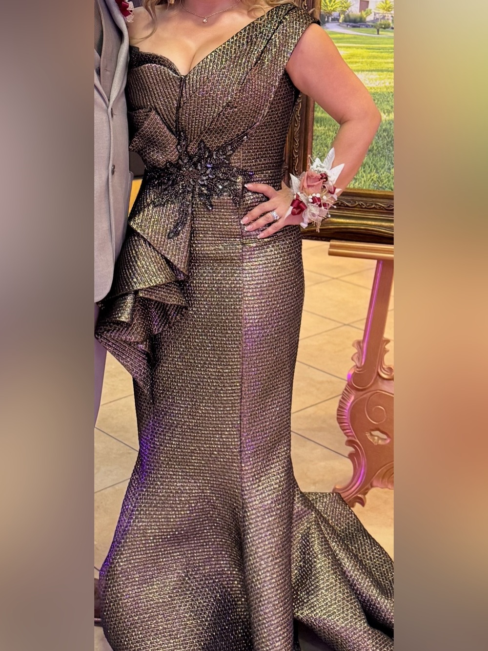 Terani Couture One-Shoulder Metallic Brown Mermaid Gown - Picture 4 of 5